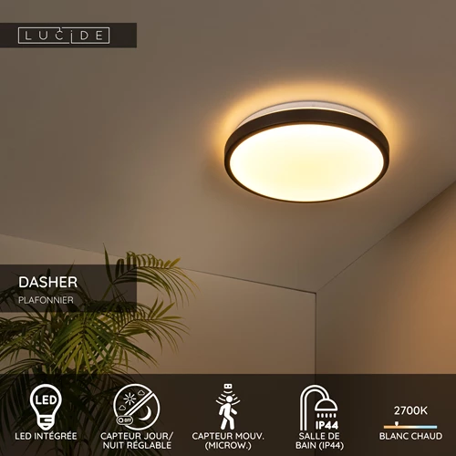 Lucide DASHER - Plafonnier Salle de bains - Ø 34,8 cm - LED - 1x18W 2700K - IP44- Détecteur De Mouvement & Jour/Nuit - Noir - USP